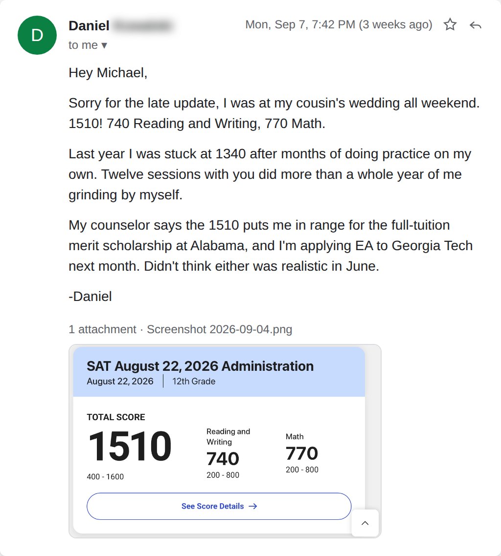 Email from Daniel: 1510, up from 1340. Twelve sessions with you did more than a whole year of me grinding by myself.