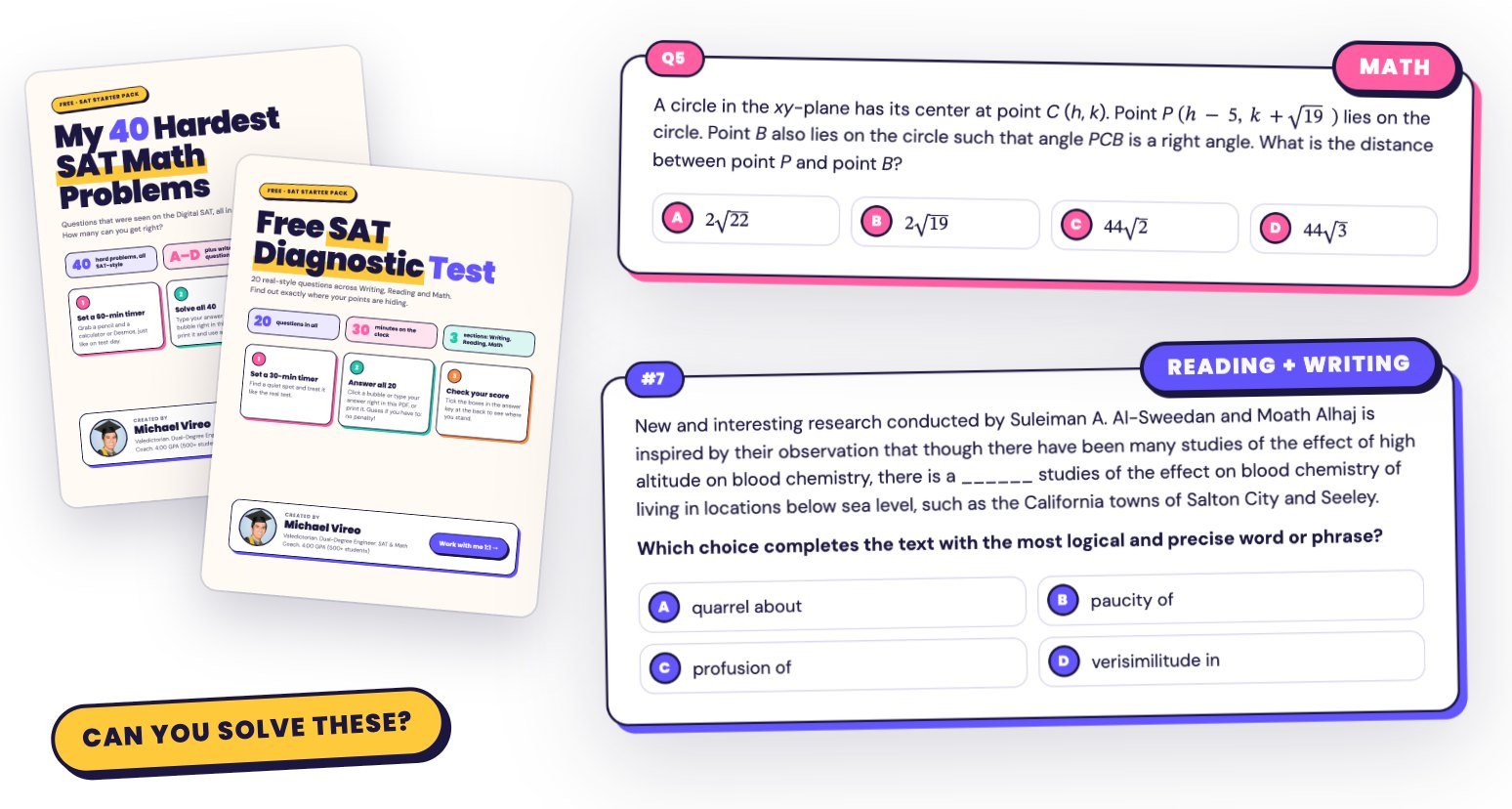 Preview of the free SAT Starter Pack: My 40 Hardest SAT Math Problems and the SAT Diagnostic Test, with a sample math problem and a reading and writing problem