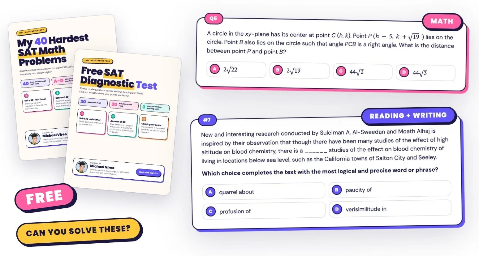 Preview of the free SAT Starter Pack: My 40 Hardest SAT Math Problems and the SAT Diagnostic Test, with a sample math problem and a reading and writing problem